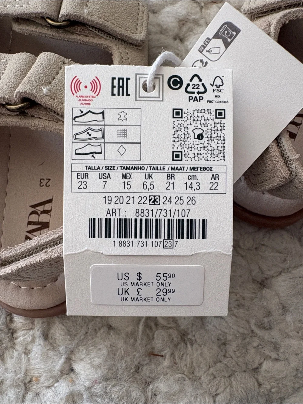 Zara Kids NWT Beige Double-Strap Velcro Sandals